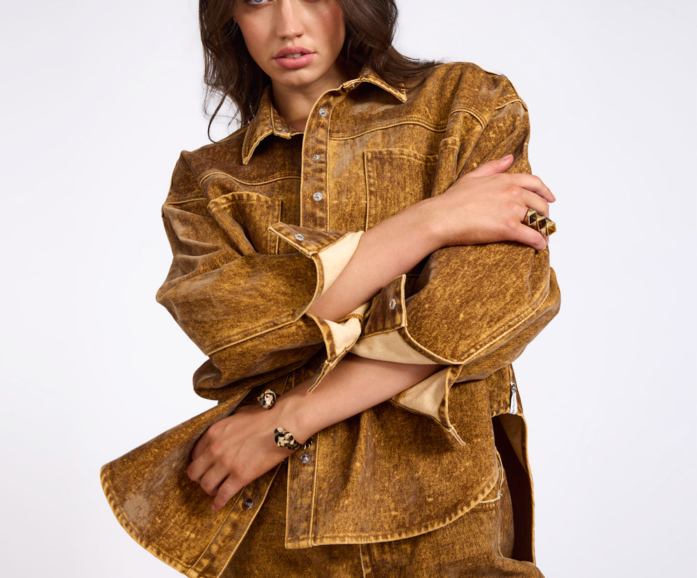 Daria Flocked Denim Shacket - Burnt Tobacco