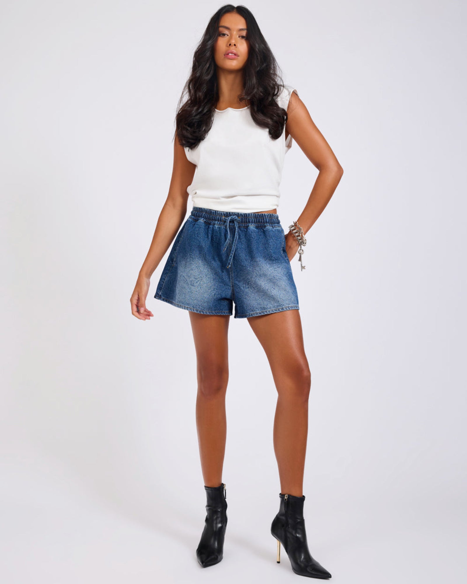 Boxer Drawstring Waist Denim Shorts - Blue Paisley | One Teaspoon USA