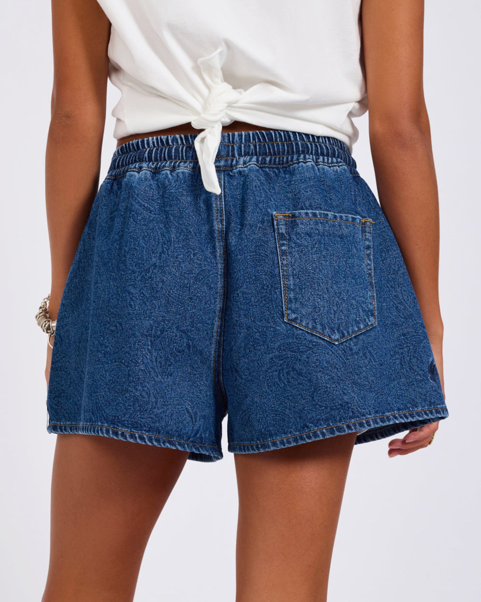 Boxer Drawstring Waist Denim Shorts - Blue Paisley | One Teaspoon USA