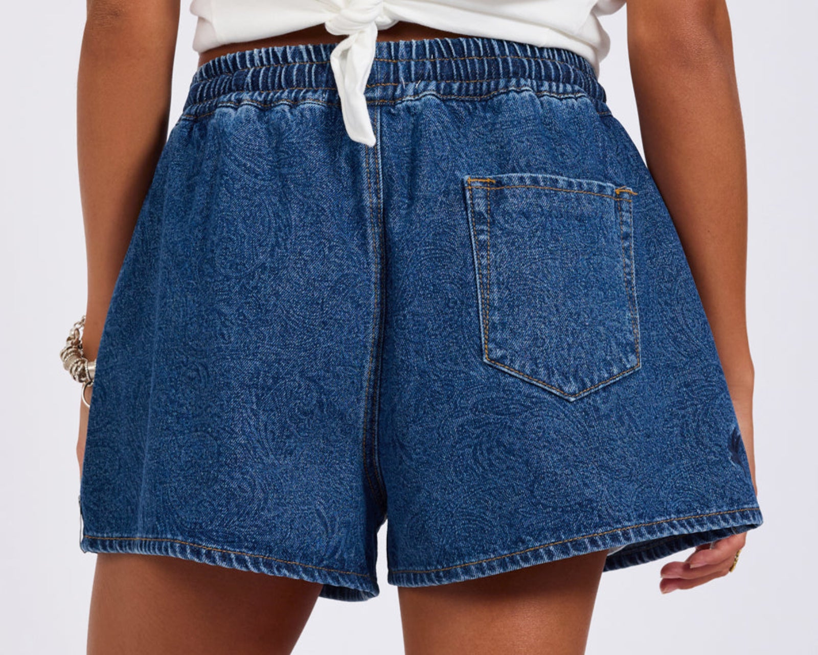 Boxer Drawstring Waist Denim Shorts - Blue Paisley