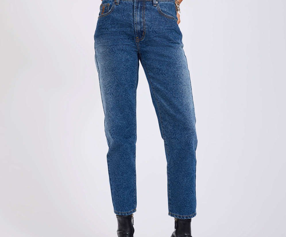 Slims High Waist Cropped Slim Fit Denim Jeans - Blue Paisley