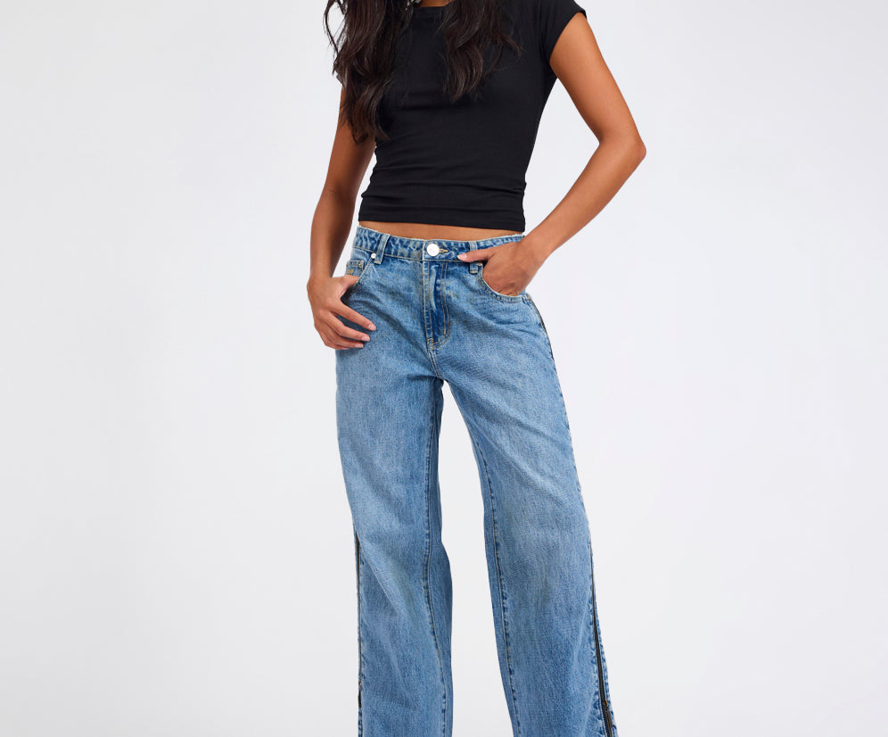 Low Riders Low Waist Wide Leg Zipped Denim Jeans - Pretty Blue