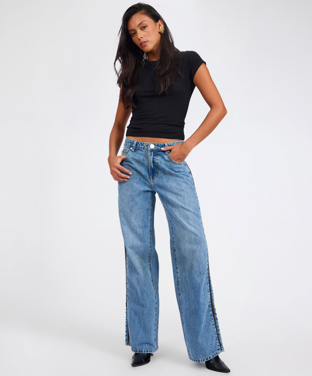  Low Riders Low Waist Wide Leg Zipped Denim Jeans - Pretty Blue