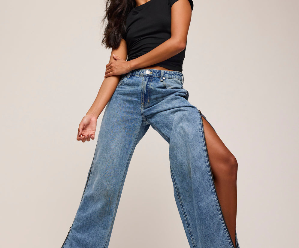 Low Riders Low Waist Wide Leg Zipped Denim Jeans - Pretty Blue