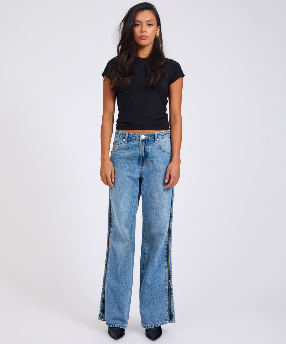  Low Riders Low Waist Wide Leg Zipped Denim Jeans - Pretty Blue