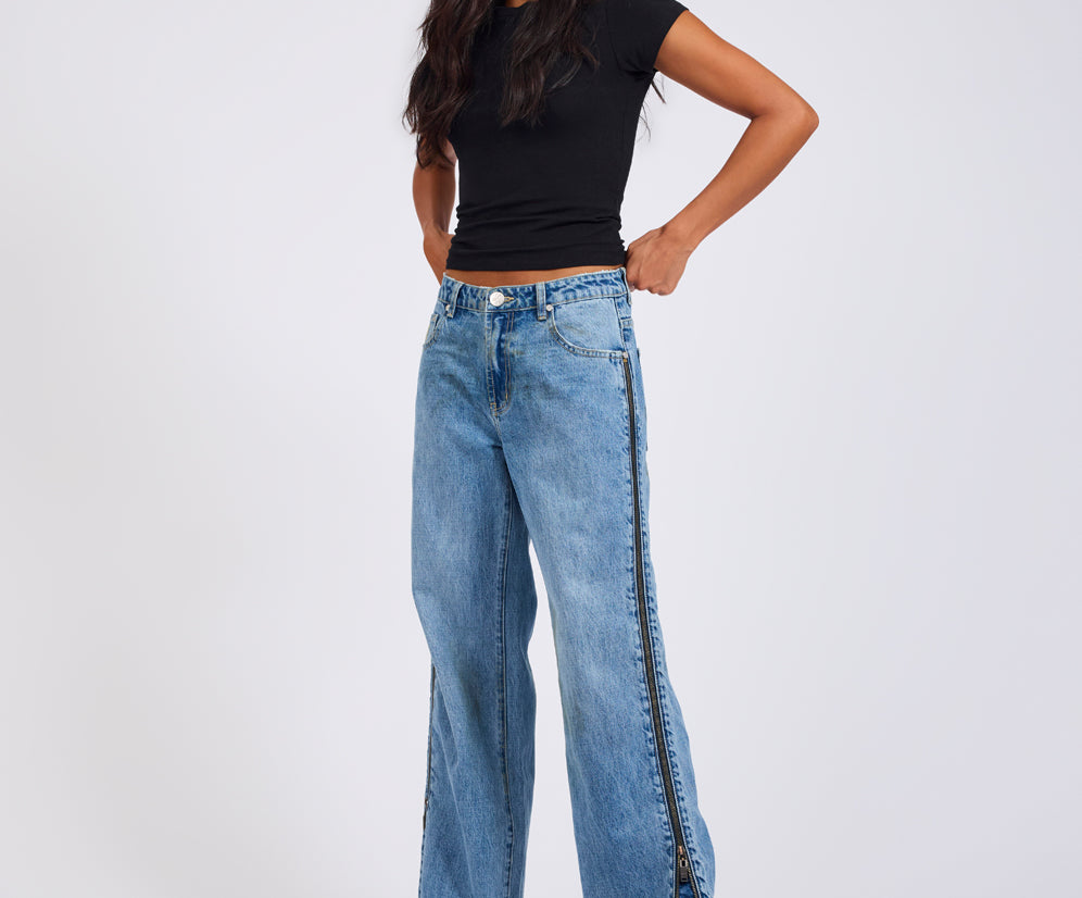 Low Riders Low Waist Wide Leg Zipped Denim Jeans - Pretty Blue