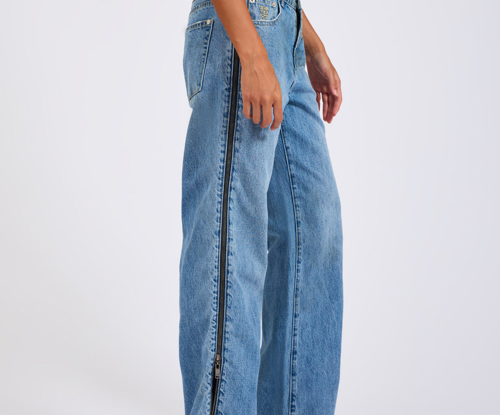 Low Riders Low Waist Wide Leg Zipped Denim Jeans - Pretty Blue