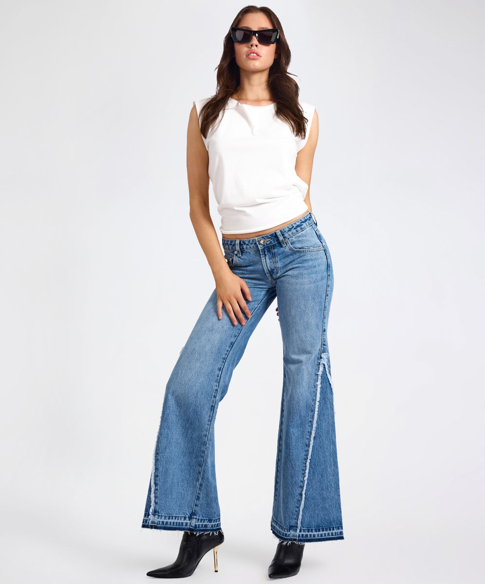  Johnnies Low Waist Wide Leg Flared Denim Jeans - Pretty Blue
