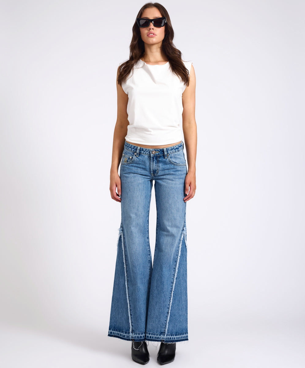  Johnnies Low Waist Wide Leg Flared Denim Jeans - Pretty Blue
