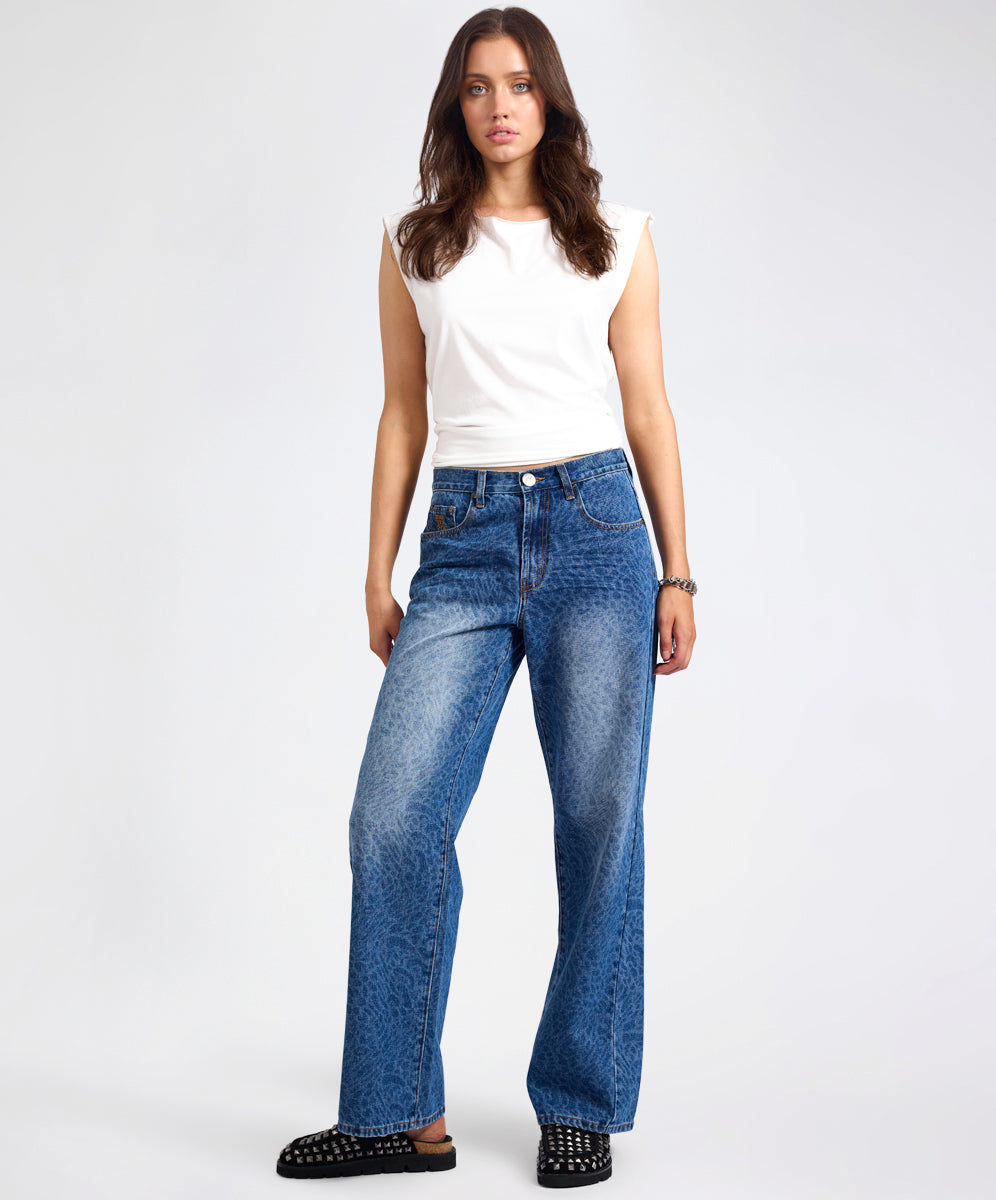 Last Stock Jackson Mid Waist Wide Leg Denim Jeans - Blue Animal