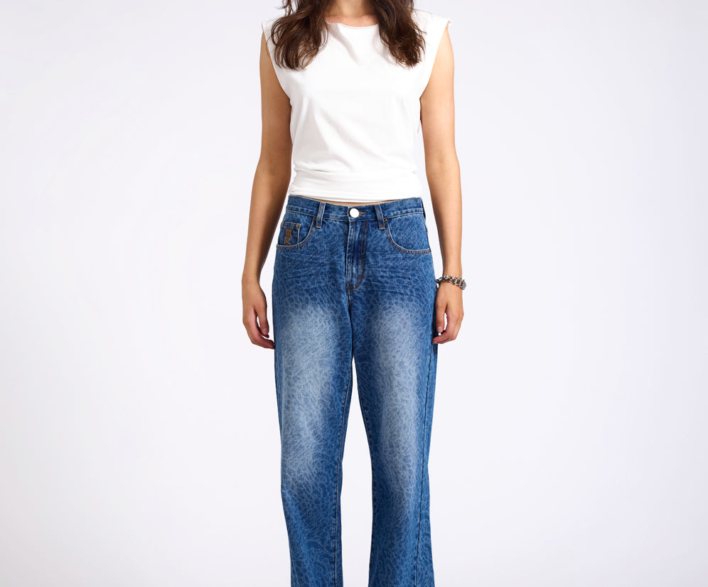 Jackson Mid Waist Wide Leg Denim Jeans - Blue Animal