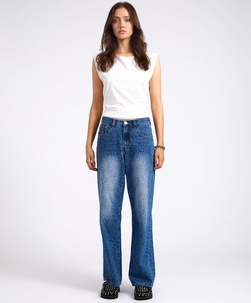 Last Stock Jackson Mid Waist Wide Leg Denim Jeans - Blue Animal