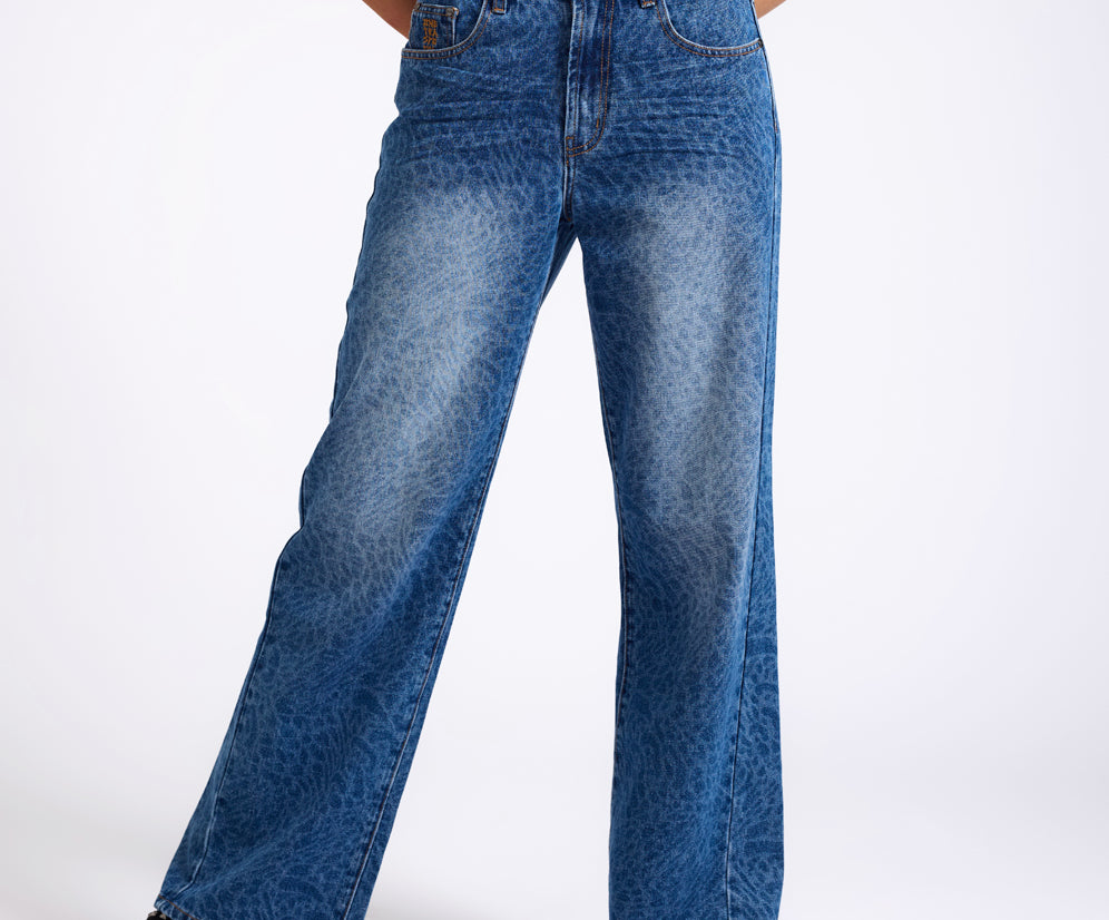 Jackson Mid Waist Wide Leg Denim Jeans - Blue Animal