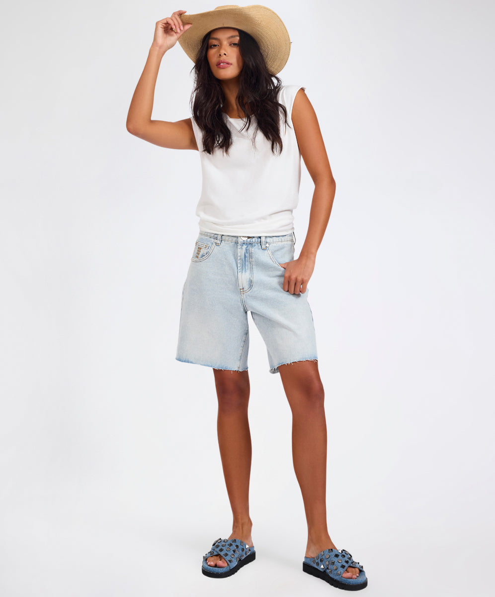 Last Stock Jacksons Mid Waist Wide Leg Denim Shorts - Blue Latte