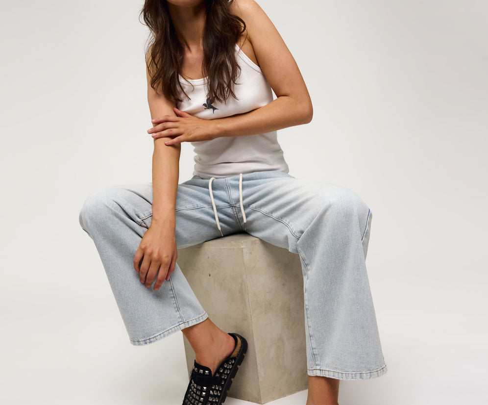 Roadhouse Mid Waist Wide Leg Drawstring Denim Jean - Blue Latte