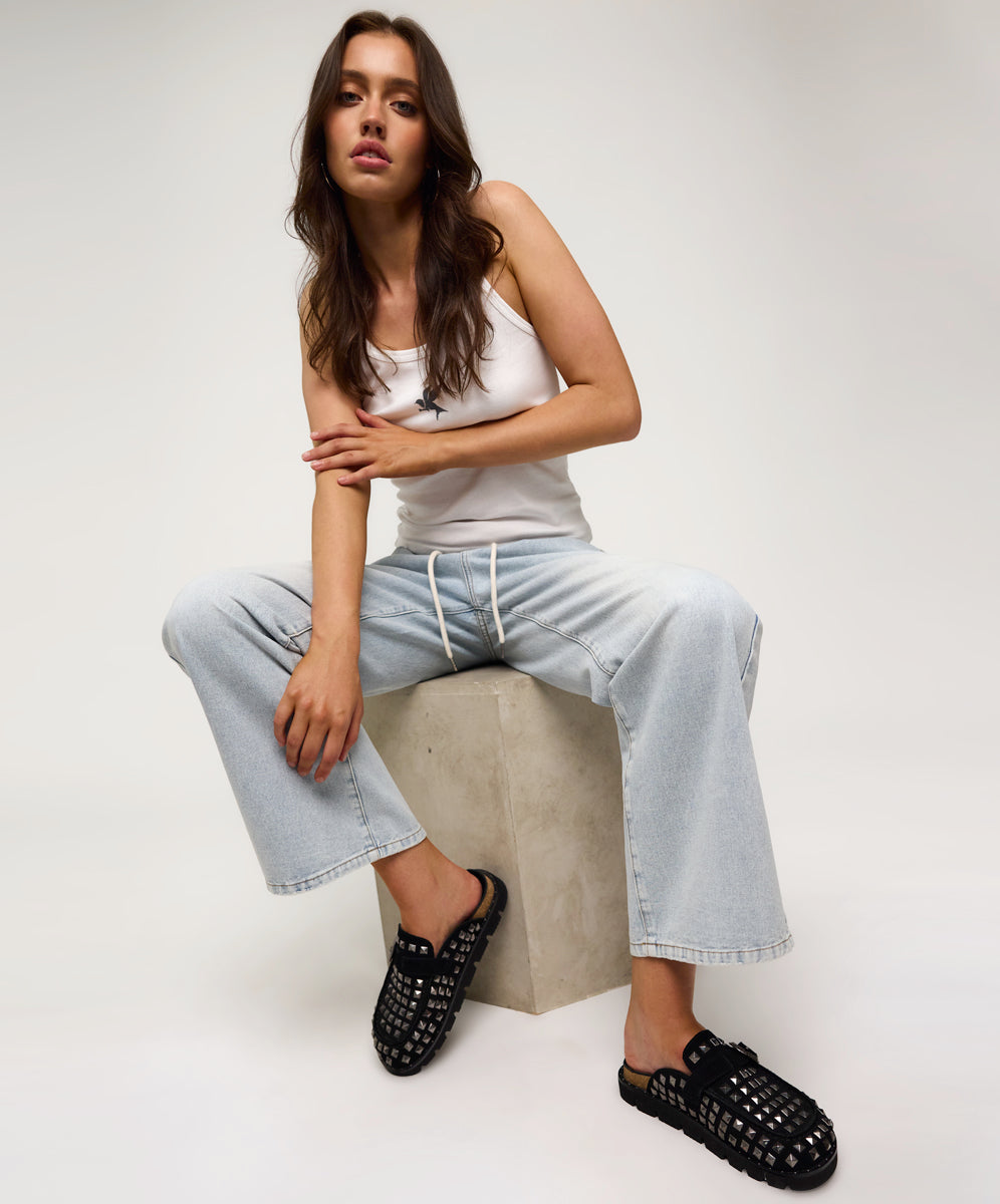 Roadhouse Mid Waist Wide Leg Drawstring Denim Jean - Blue Latte