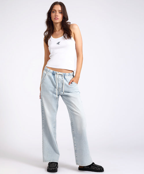 Roadhouse Mid Waist Wide Leg Drawstring Denim Jean - Blue Latte