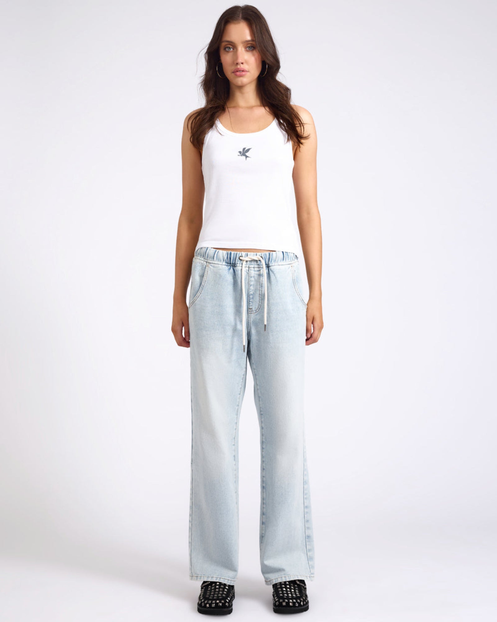 Roadhouse Mid Waist Wide Leg Drawstring Denim Jean - Blue Latte