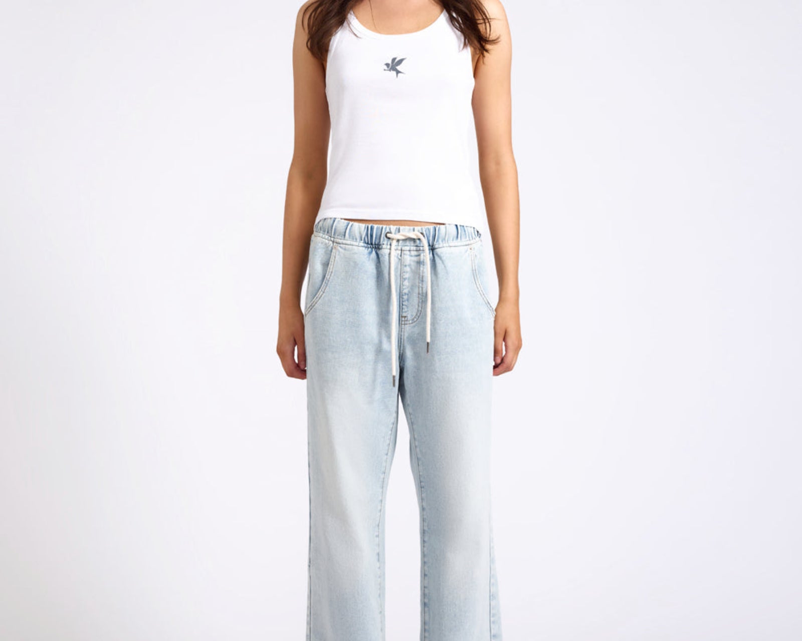 Roadhouse Mid Waist Wide Leg Drawstring Denim Jean - Blue Latte