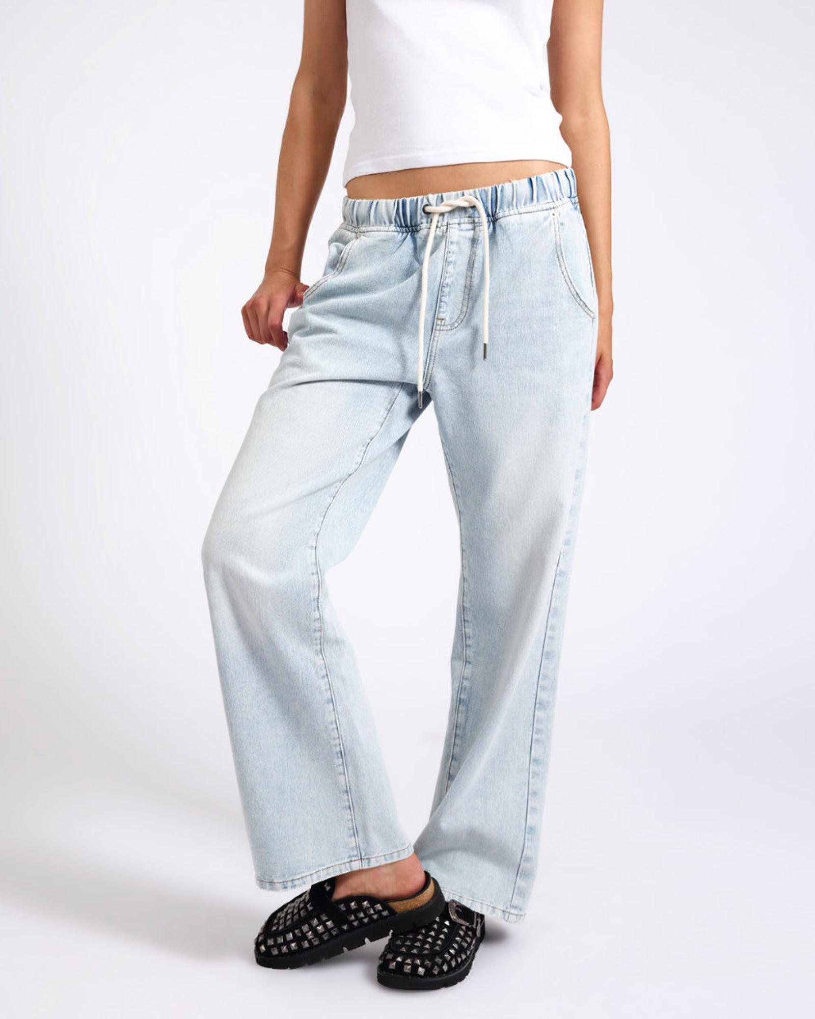 Roadhouse Mid Waist Wide Leg Drawstring Denim Jean - Blue Latte