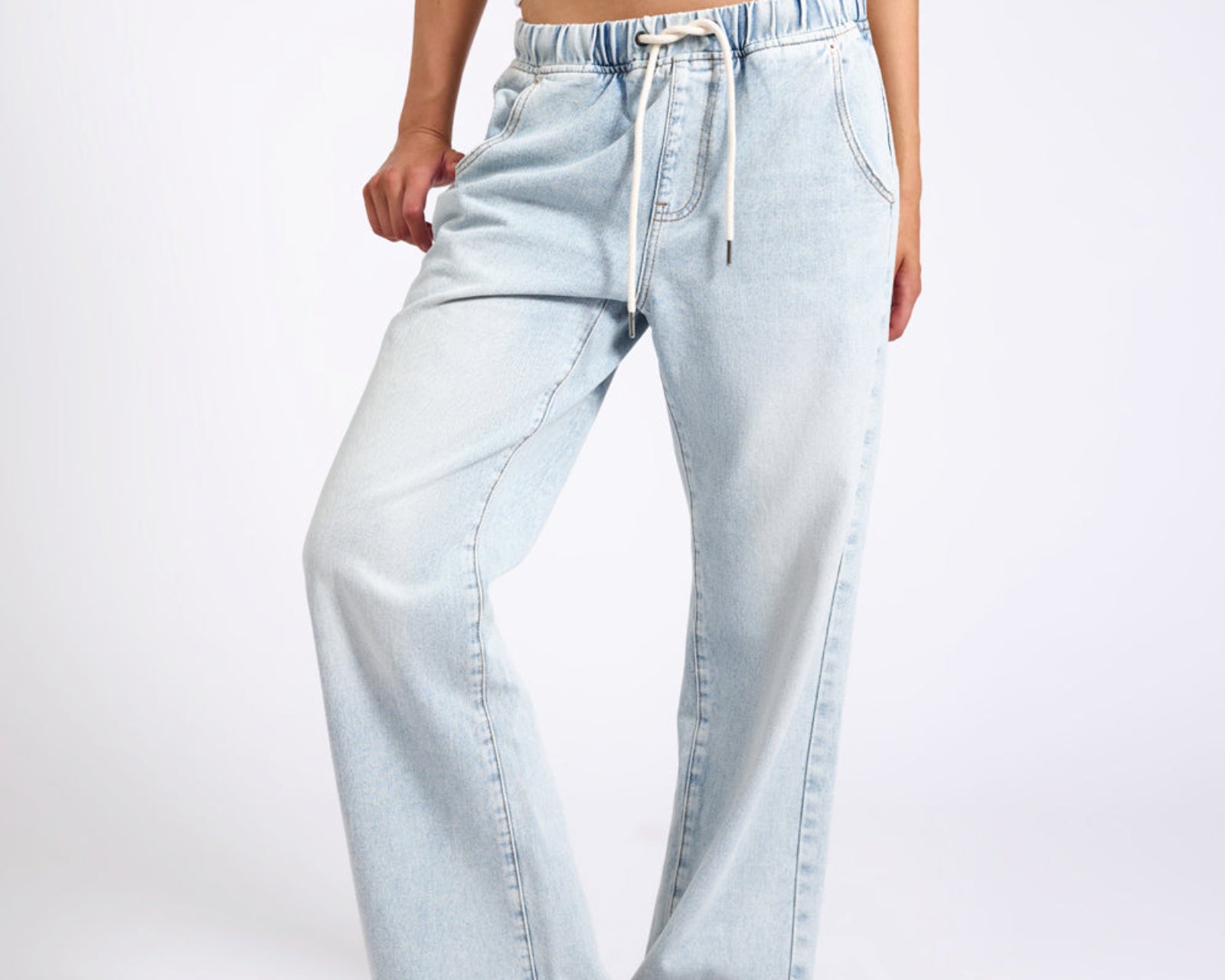 Roadhouse Mid Waist Wide Leg Drawstring Denim Jean - Blue Latte