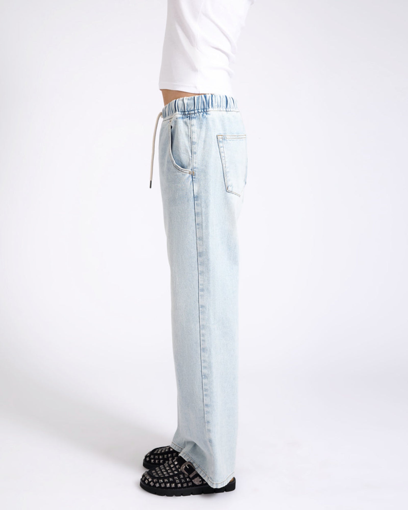 定価57,200円 rurumu: drawstring denim pants Roadhouse Mid Waist Wide Leg Drawstring Denim Jean - Blue Latte