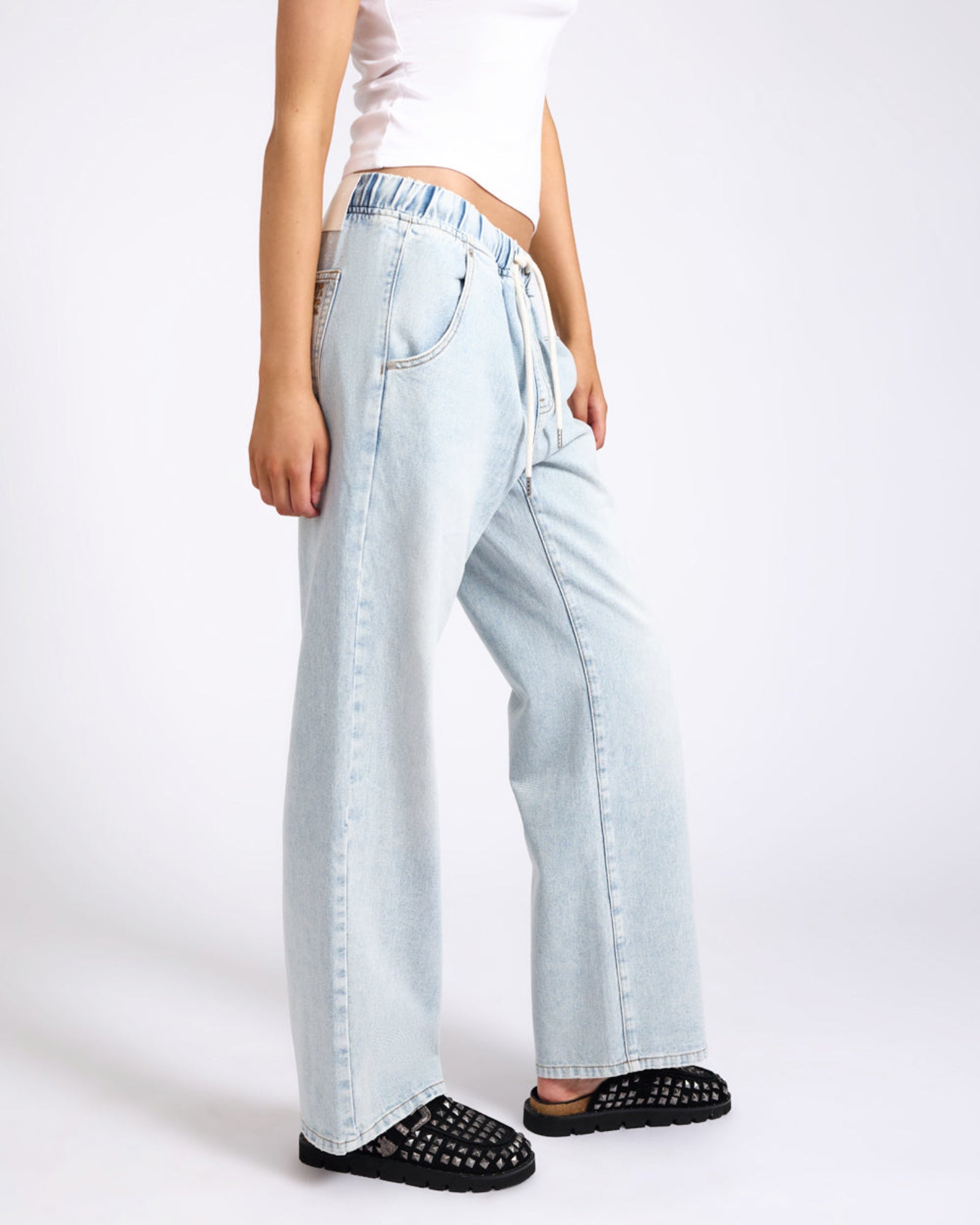 Roadhouse Mid Waist Wide Leg Drawstring Denim Jean - Blue Latte