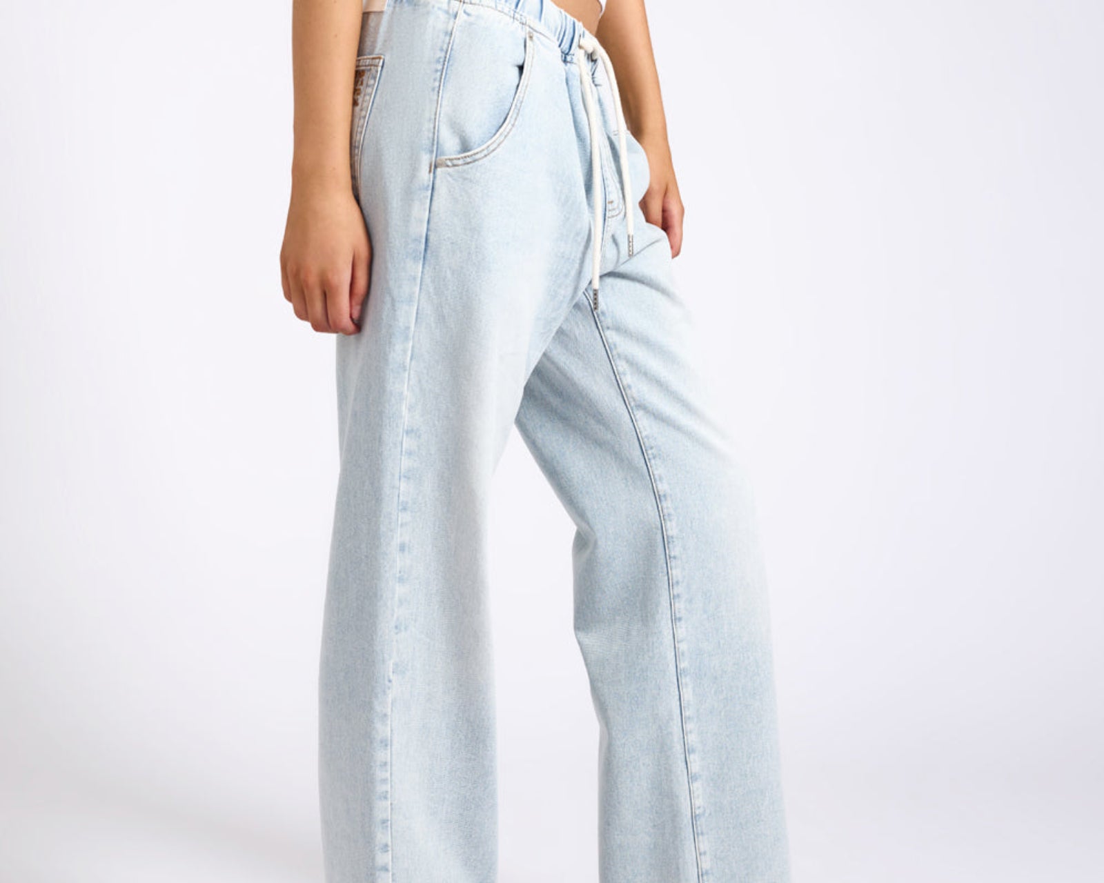 Roadhouse Mid Waist Wide Leg Drawstring Denim Jean - Blue Latte