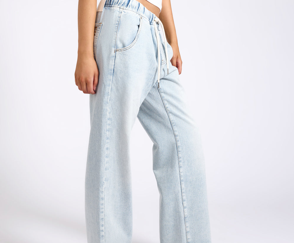 Roadhouse Mid Waist Wide Leg Drawstring Denim Jean - Blue Latte