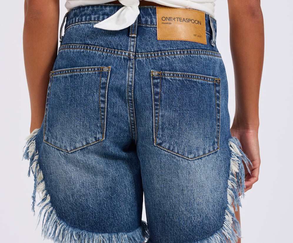 Frankies High Waist Long Length Denim Shorts - Blue Love