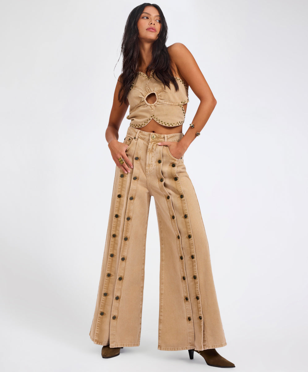  Hollywoods High Waist Wide Leg Denim Jeans - Warm Tan