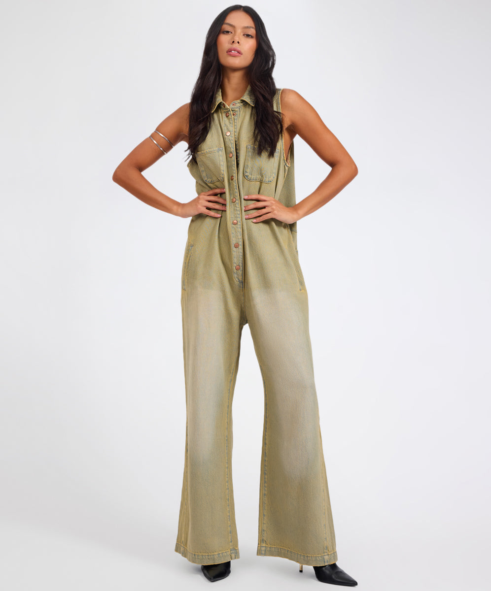 Last Stock Braxton Wide Leg Long Length Denim Jumpsuit - Warm Khaki