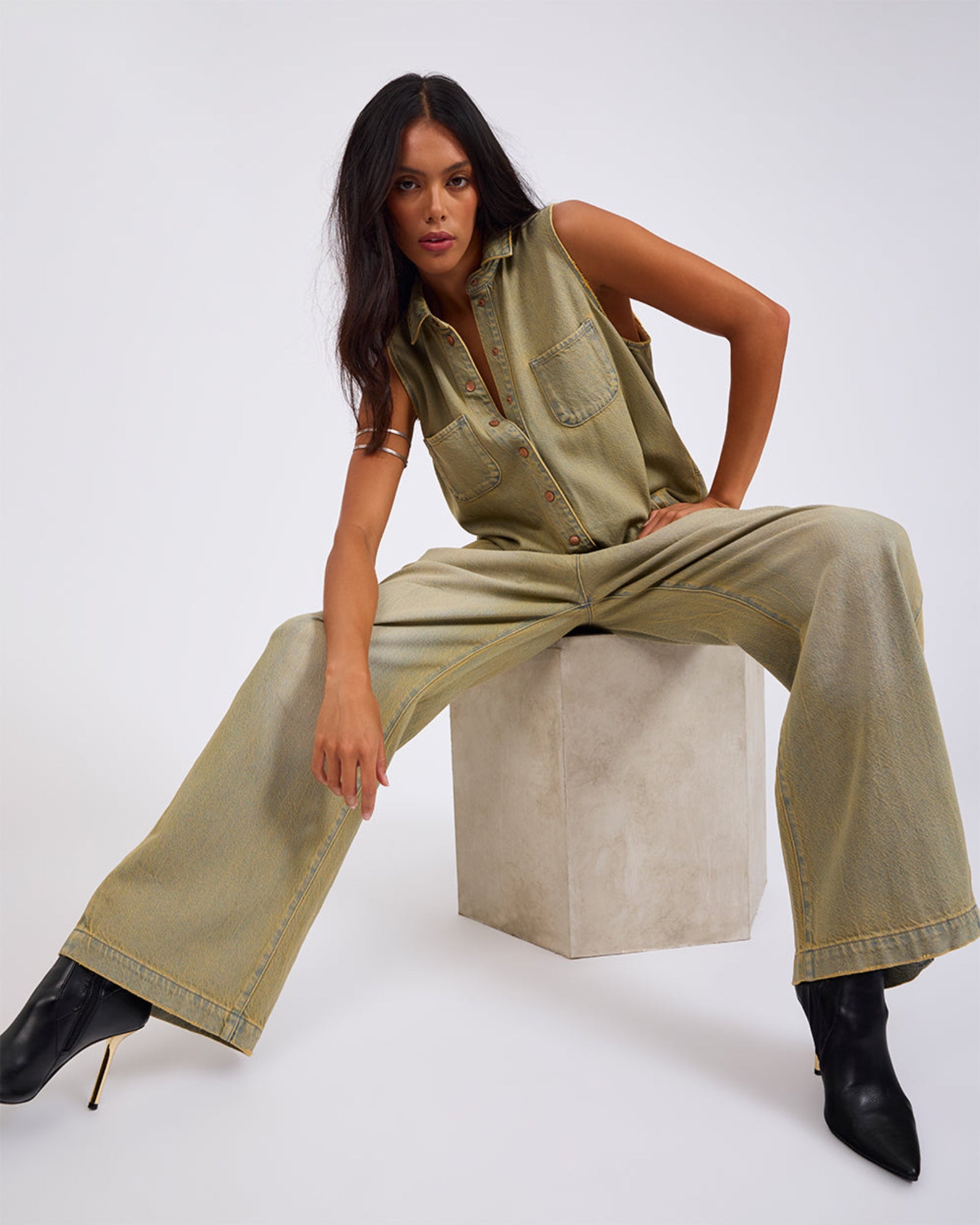 Braxton Wide Leg Long Length Denim Jumpsuit - Warm Khaki | One
