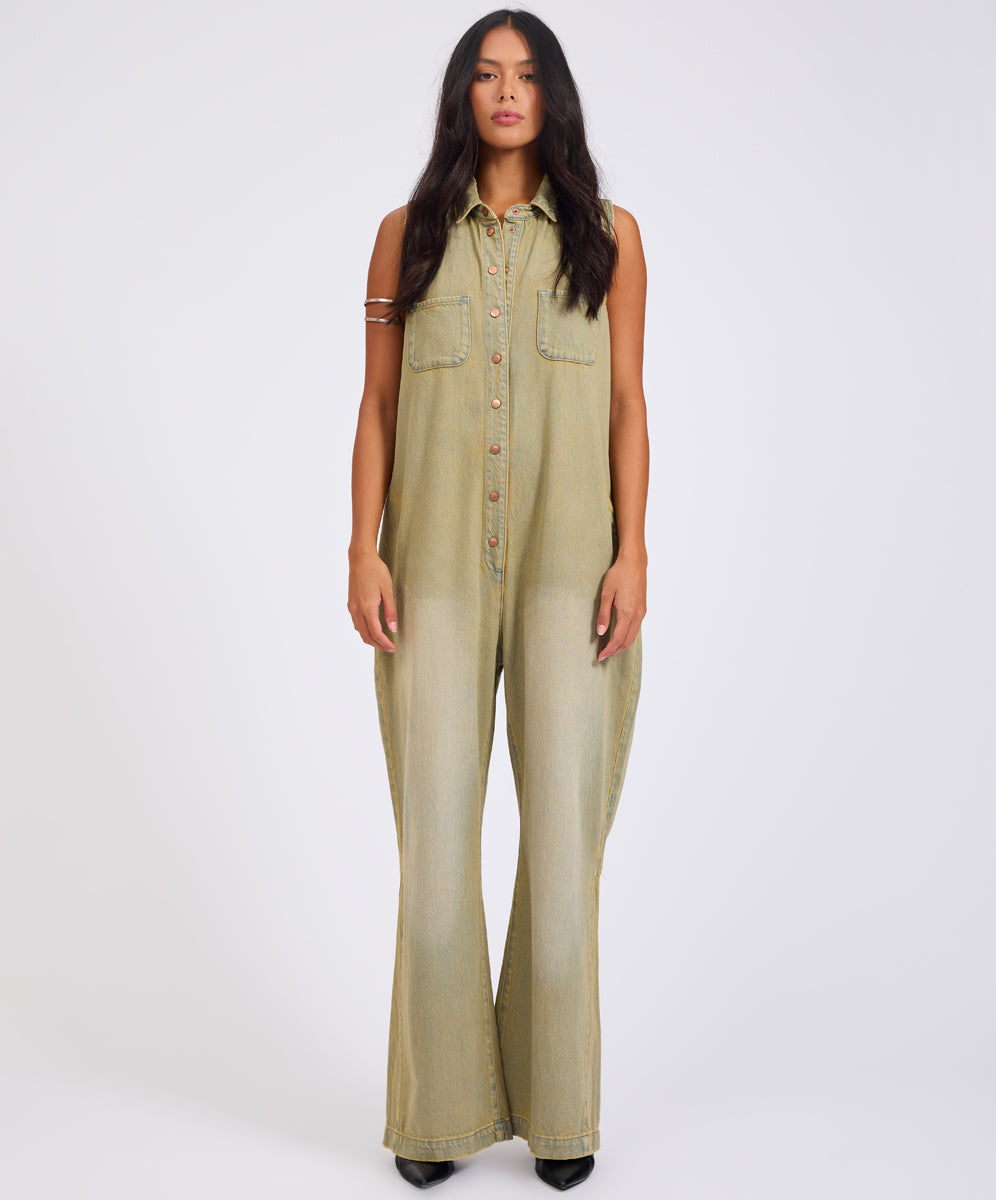 Last Stock Braxton Wide Leg Long Length Denim Jumpsuit - Warm Khaki