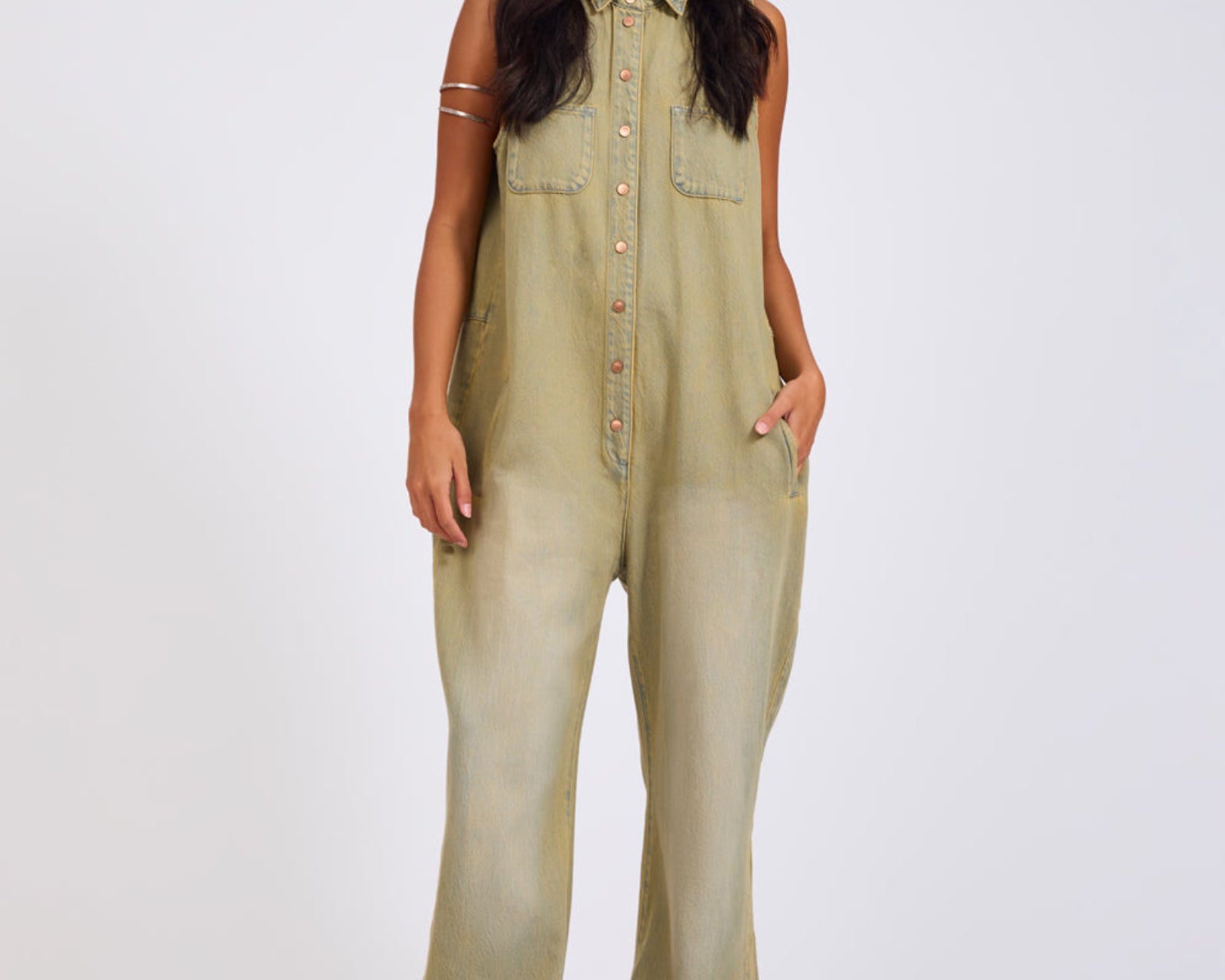 Braxton Wide Leg Long Length Denim Jumpsuit - Warm Khaki