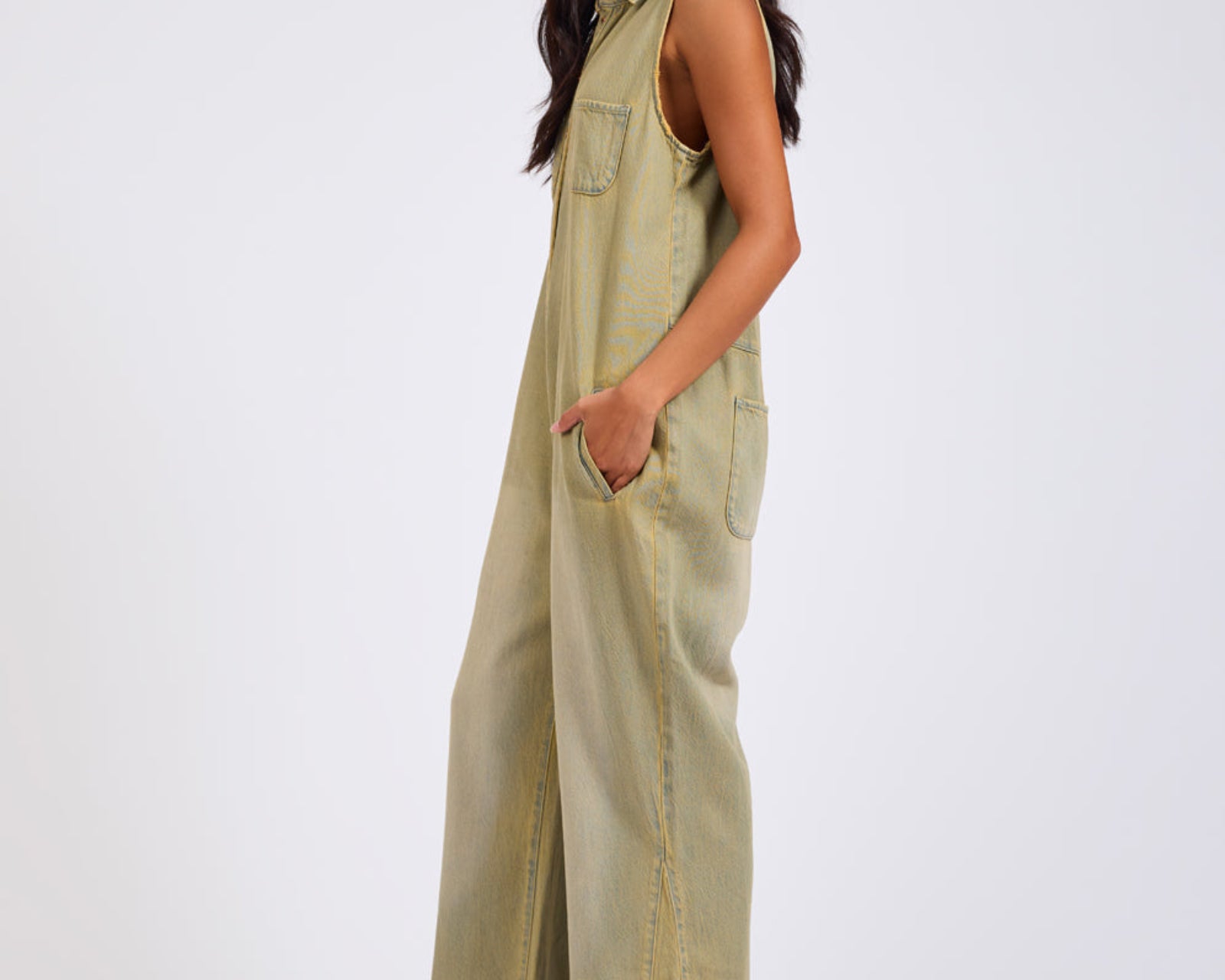 Braxton Wide Leg Long Length Denim Jumpsuit - Warm Khaki