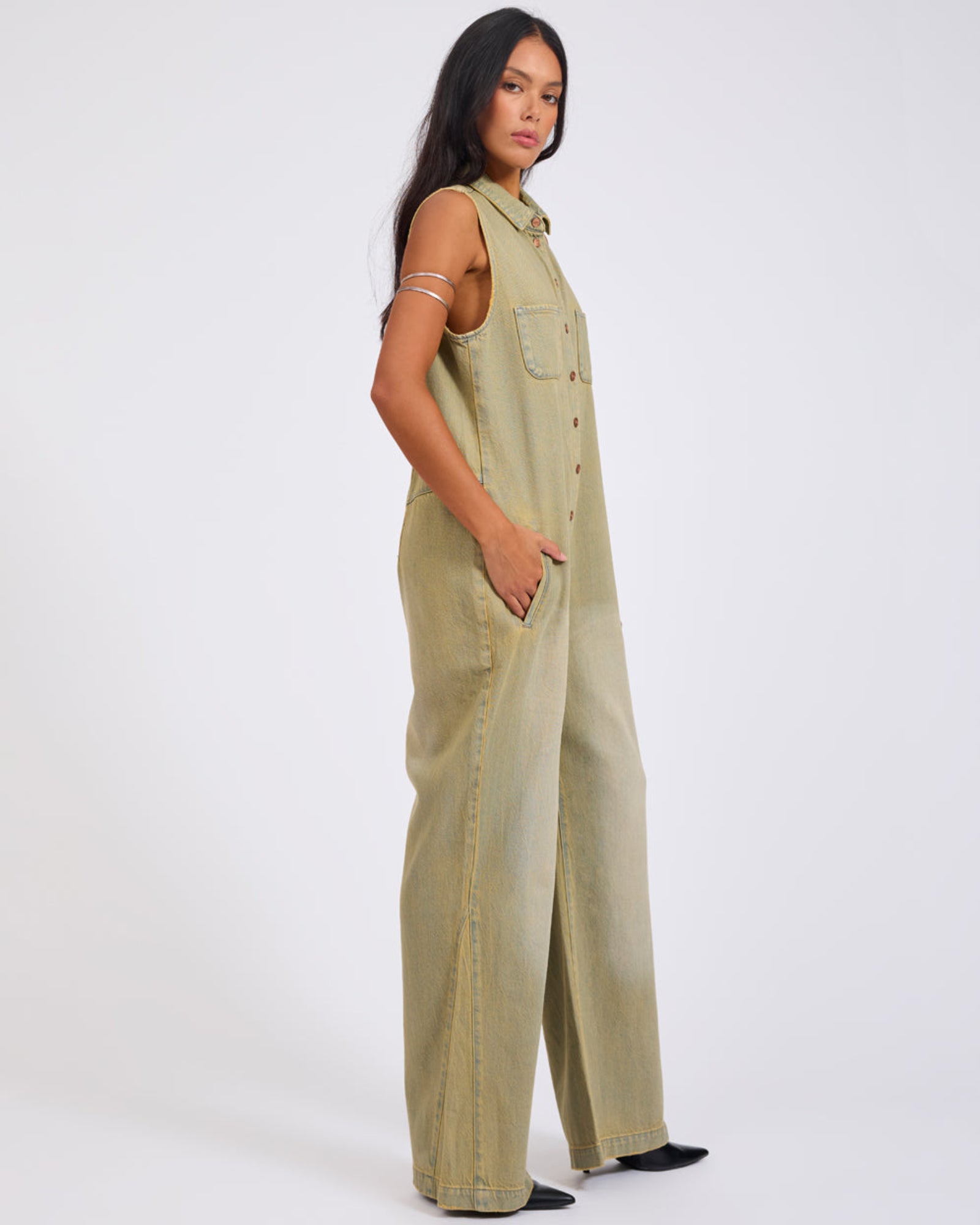 Braxton Wide Leg Long Length Denim Jumpsuit - Warm Khaki | One