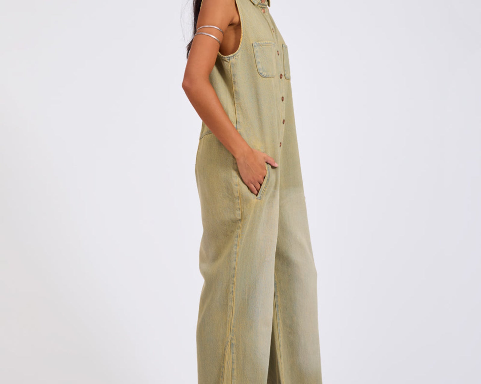 Braxton Wide Leg Long Length Denim Jumpsuit - Warm Khaki