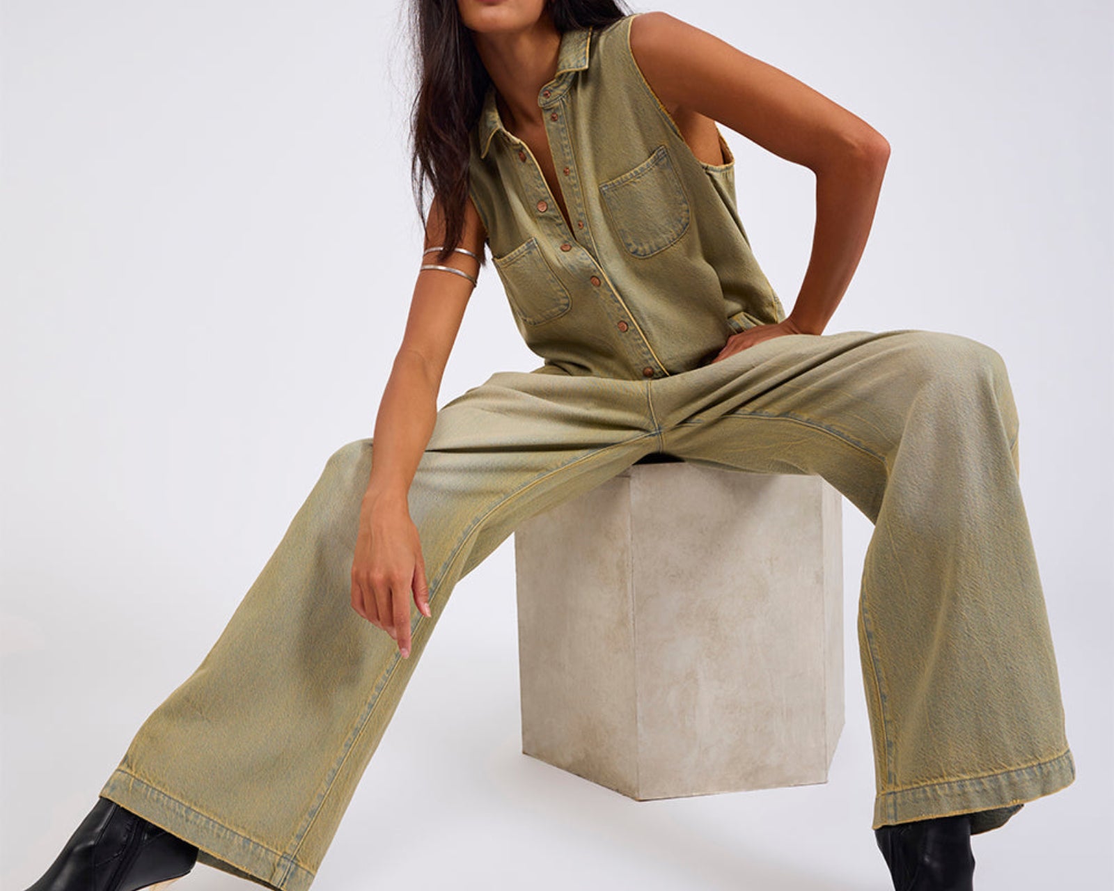 Braxton Wide Leg Long Length Denim Jumpsuit - Warm Khaki