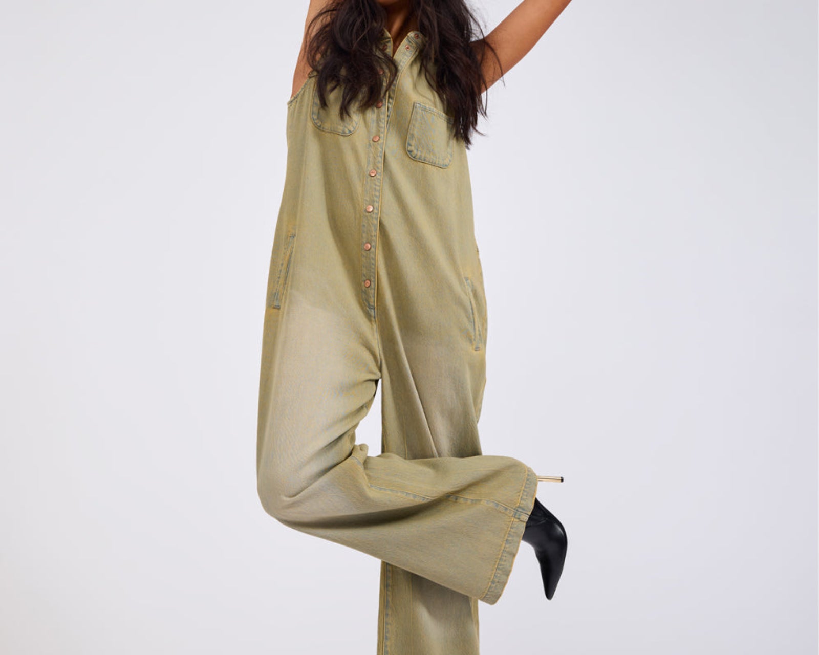 Braxton Wide Leg Long Length Denim Jumpsuit - Warm Khaki