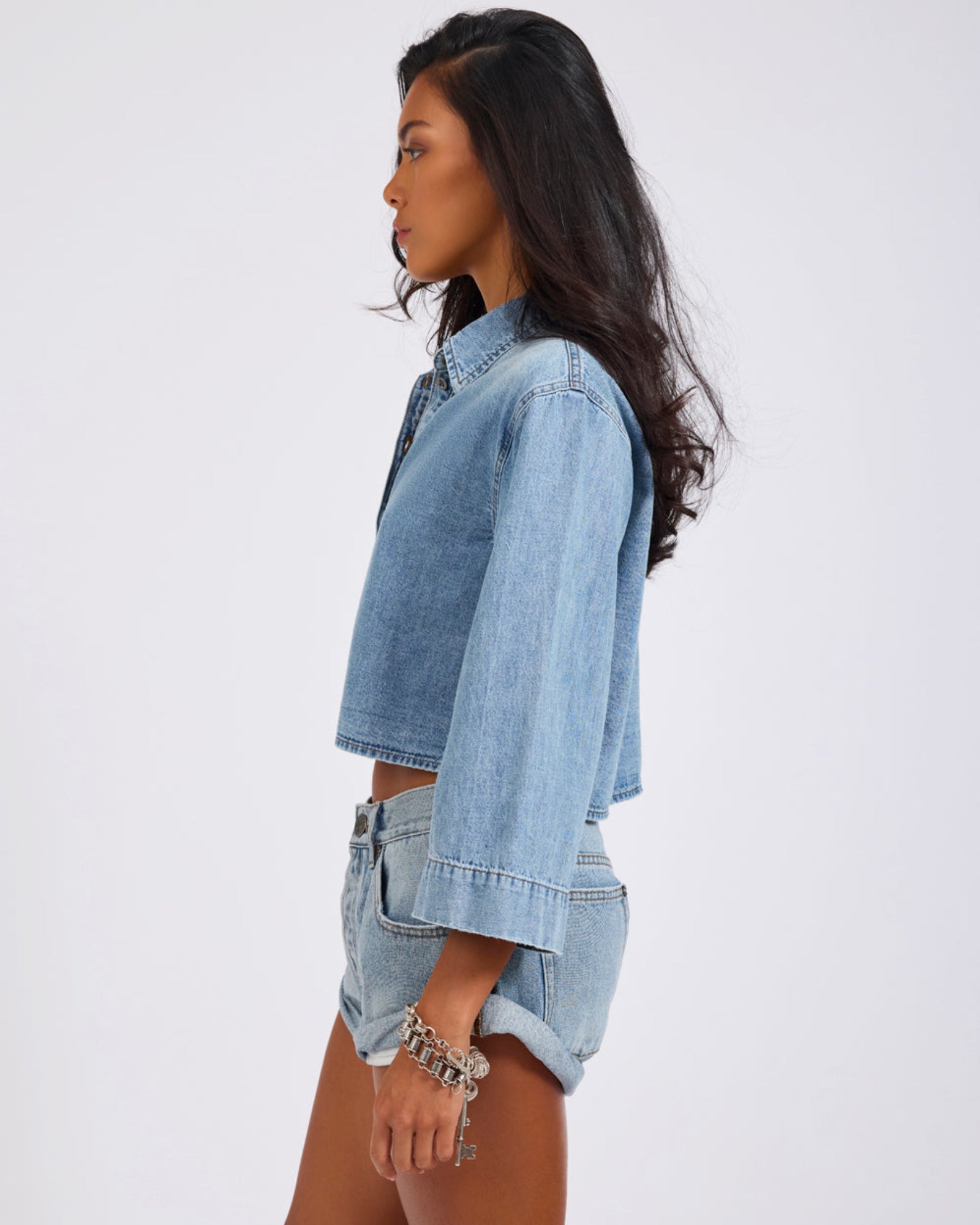 Gracie Cropped Denim Shirt - Misty Blue | One Teaspoon USA