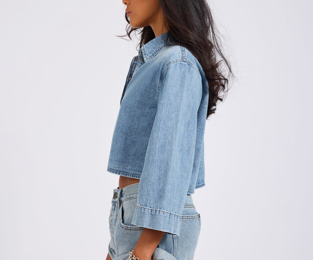 Gracie Cropped Denim Shirt - Misty Blue