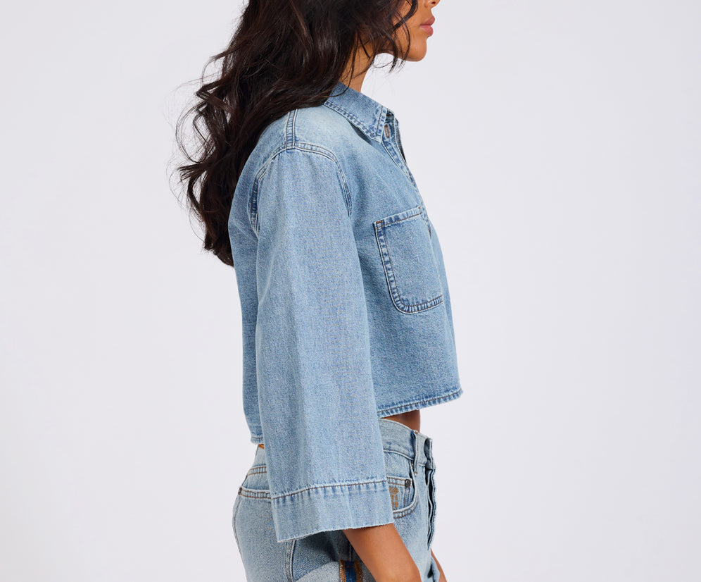 Gracie Cropped Denim Shirt - Misty Blue