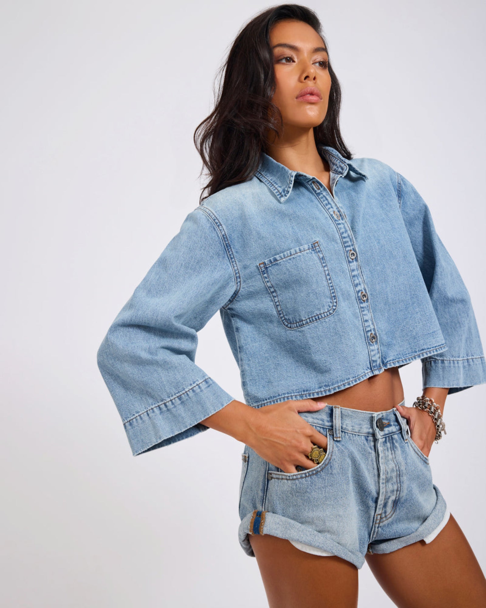 Gracie Cropped Denim Shirt - Misty Blue | One Teaspoon USA