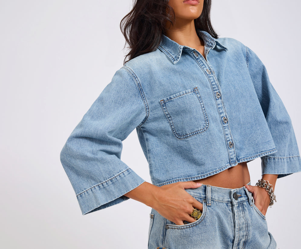 Gracie Cropped Denim Shirt - Misty Blue