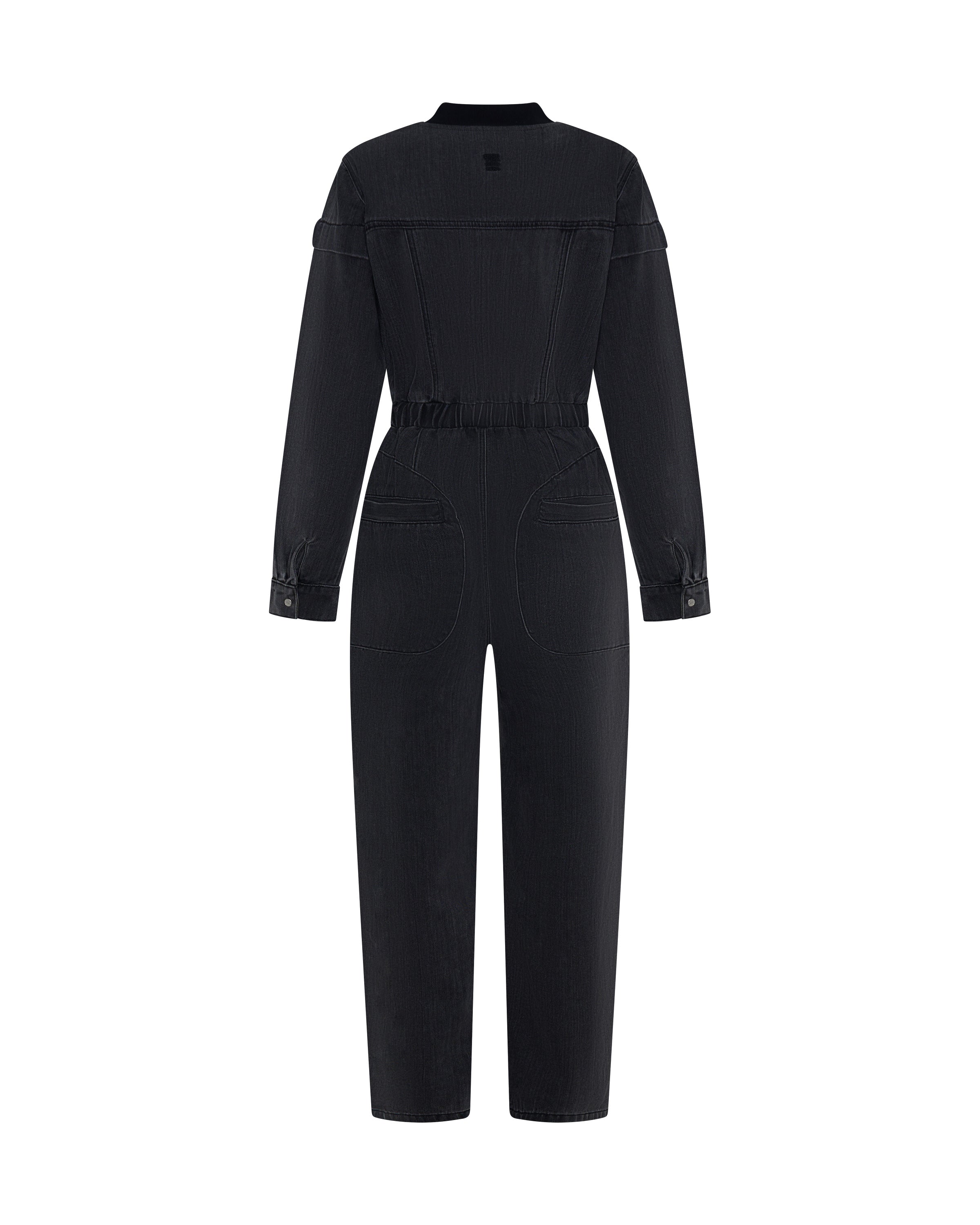 Callie Aviator Longsleeve Studded Denim Jumpsuit - Washed Black