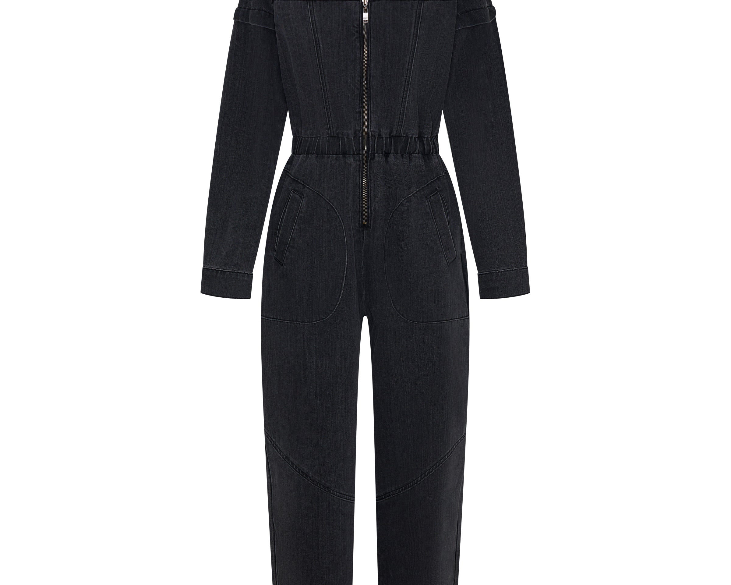 Callie Aviator Longsleeve Studded Denim Jumpsuit - Washed Black