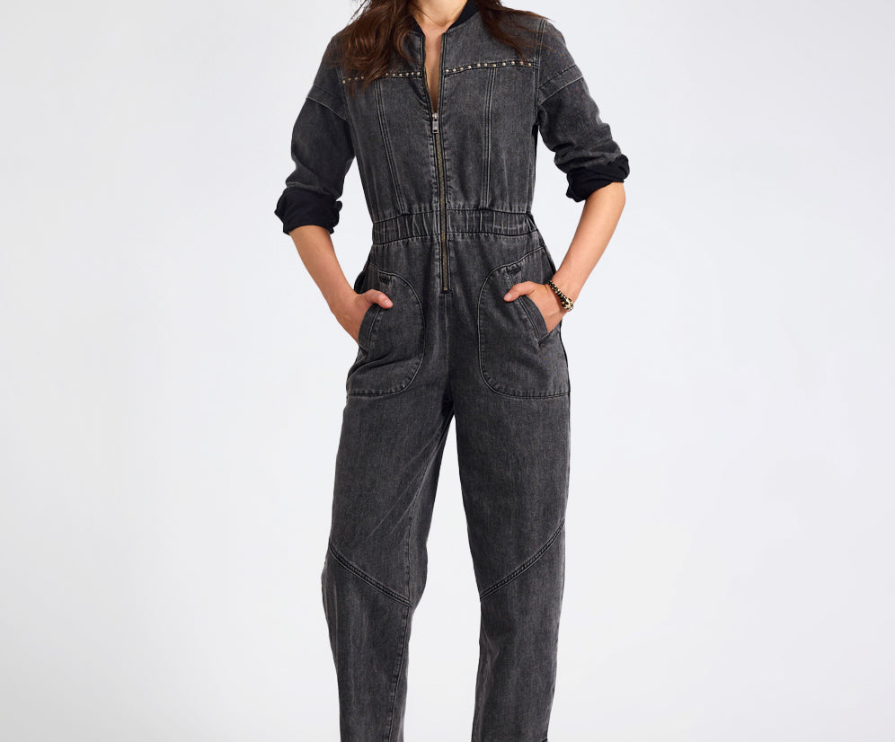 Callie Aviator Longsleeve Studded Denim Jumpsuit - Washed Black
