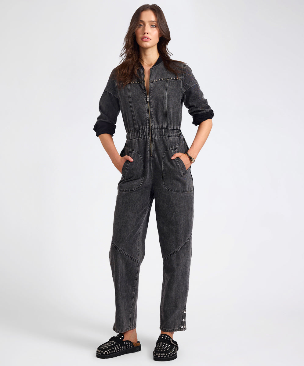 Last Stock Callie Aviator Longsleeve Studded Denim Jumpsuit - Washed Black