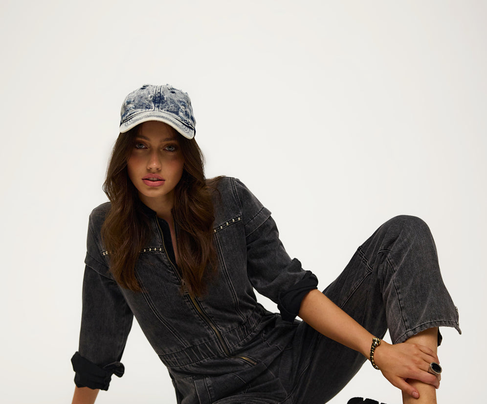 Callie Aviator Longsleeve Studded Denim Jumpsuit - Washed Black